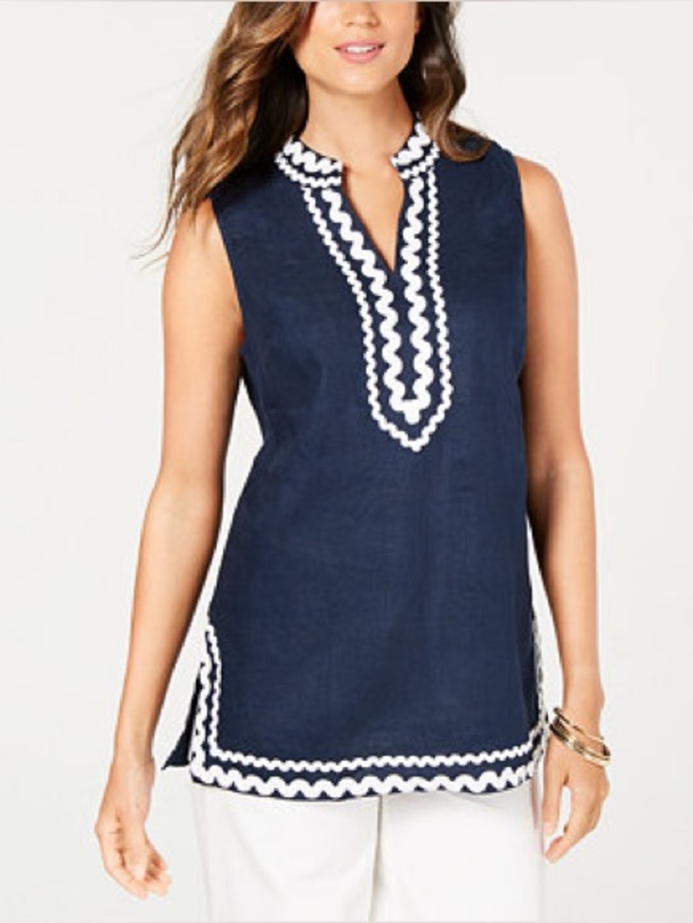Charter Club Linen Navy Sleeveless Tunic with White Scalloped Trim size XL